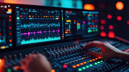 Obraz premium A close-up view of a sound engineer adjusting audio levels on a professional mixing console in a vibrant studio environment.