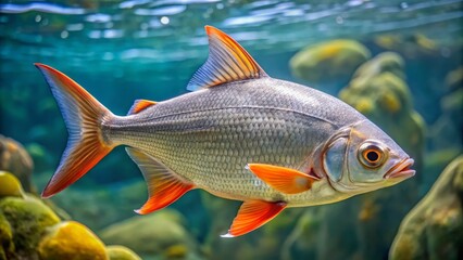 Naklejka premium Silvery fish glides effortlessly through crystal-clear waters, its serrated dorsal fin slicing through the surface with