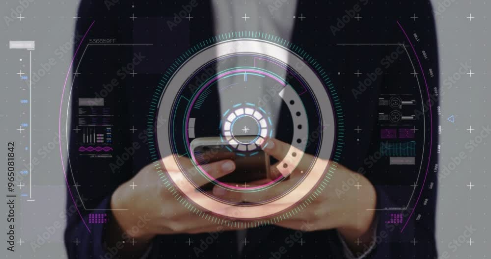 Poster animation of data processing and scope scanning over caucasian woman using smartphone