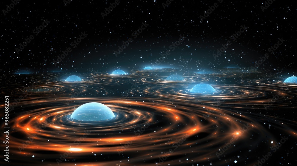 Poster a mesmerizing abstract background with glowing orbs and swirling patterns, creating a sense of cosmi