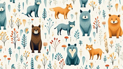 Colorful Illustration of Animals and Floral Elements on a White Background