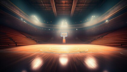 Empty basketball arena, stadium, sports ground with flashlights. Ai generated art