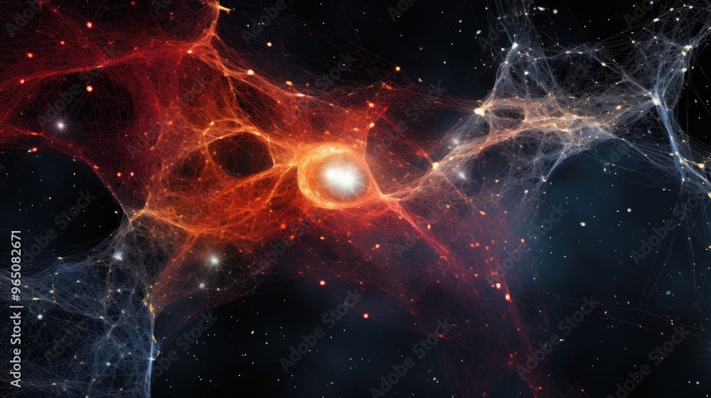 Poster a mesmerizing cosmic web of red and white threads, illuminated by distant stars, creates a stunning 