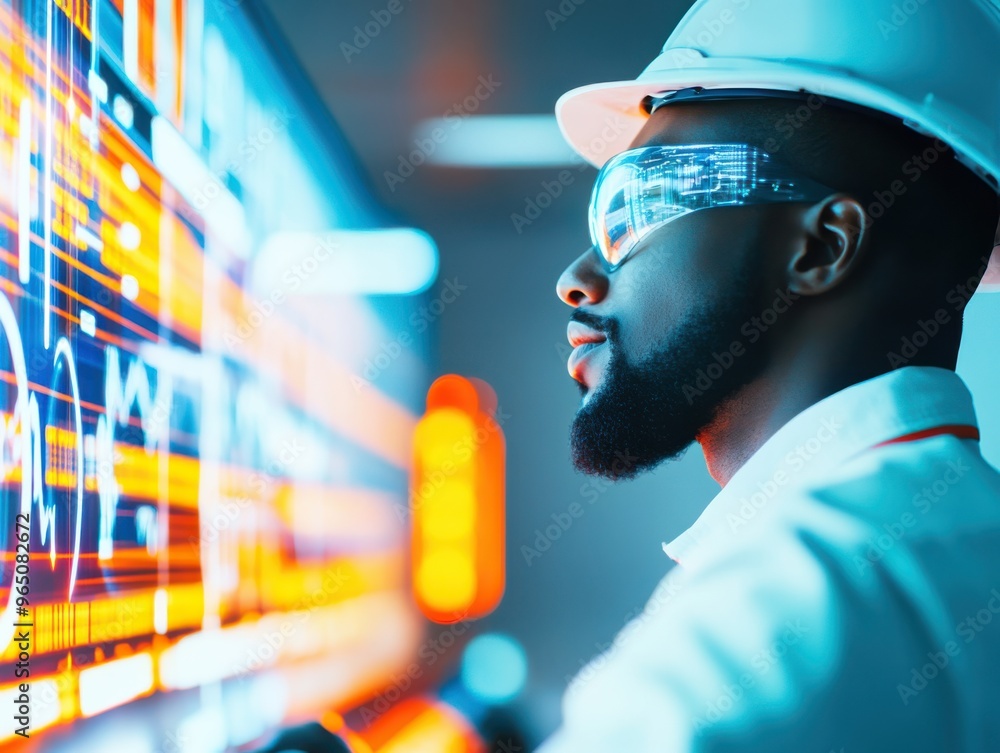 Poster a focused engineer analyzing data on a futuristic digital screen, showcasing innovation and technolo
