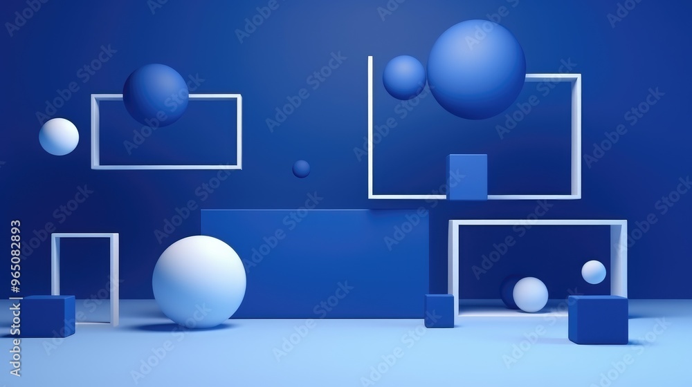 Aufkleber a minimalist 3d rendering of geometric shapes in blue and white. the spheres and cubes create a mode