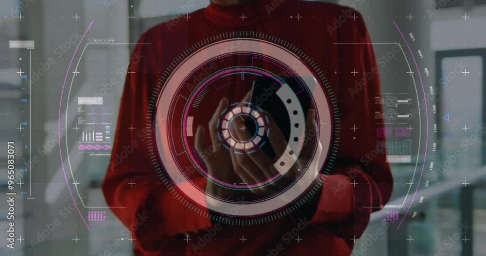 Poster animation of data processing and scope scanning over biracial woman using smartphone