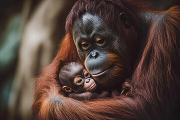 Fototapeta premium Mother and baby orangutan in a tender embrace.