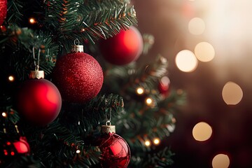 Obraz premium Red ornaments on a Christmas tree with lights.