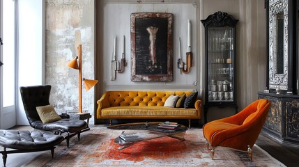 Luxurious Living Room with Vintage Art and Contemporary Furniture