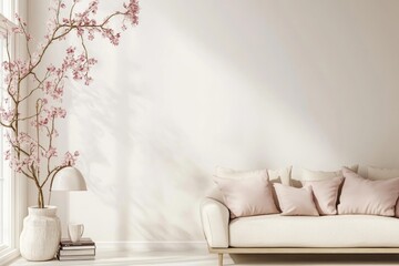 Modern Scandinavian Living Room Interior with Cozy Sofa, Lamp, Books, and Flowers on Beige Background