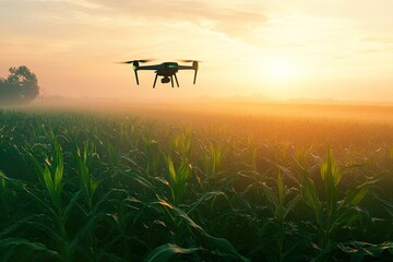 Drone flying over a cornfield at sunset.