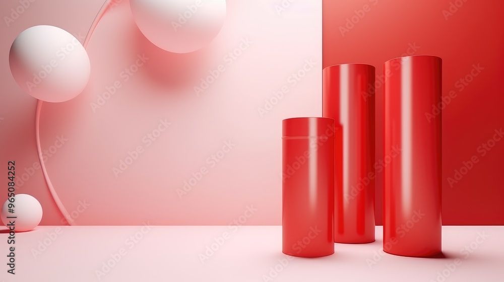 Poster a simple and elegant 3d rendering of three red cylinders on a pink background.