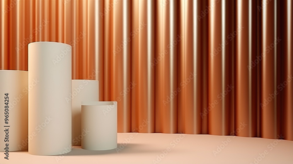Poster a simple and elegant 3d rendering of three white cylinders on a peach background, with a backdrop of