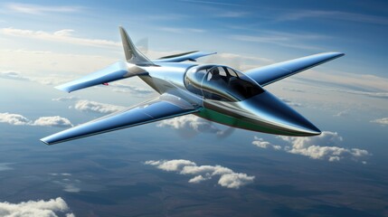 Obraz premium A sleek, silver airplane soars through a bright blue sky, leaving a trail of white clouds in its wake.