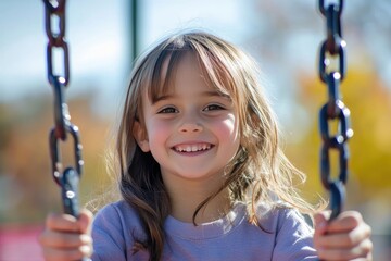 Young Girl with Long Hair Smiling on a Swing