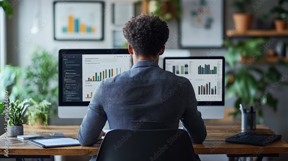 Poster focused on success: a man analyzes data on multiple computer screens, surrounded by greenery, sugges