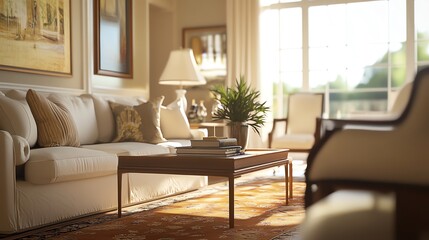 White Couch, Coffee Table, and Books in a Sunlit Room