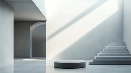 Obraz premium Minimalist Interior Design with a Circular Ottoman and White Steps