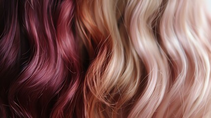 Fototapeta premium A close up of a woman's hair showing a pink, red, and blonde ombre effect.