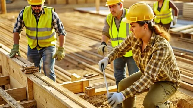 Construction workers measuring wood beam