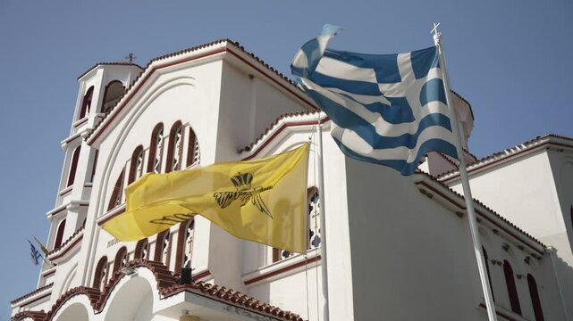 View of Holy Orthodox Church of the Assumption in Potos, Potos, Thassos, Aegean Sea, Greek Islands, Greece, Europe