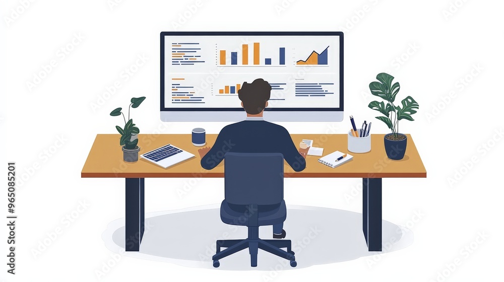 Poster focused on data: a businessman diligently analyzes charts and graphs on his computer, showcasing the
