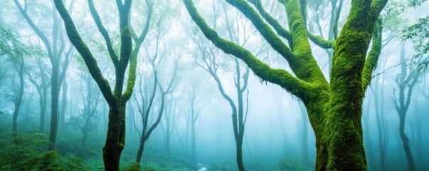 A mystical forest scene with tall, moss-covered trees shrouded in mist, creating an enchanting and serene atmosphere.