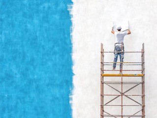 A painter on scaffolding applies a vibrant blue color to a wall, showcasing creativity and craftsmanship in home improvement.