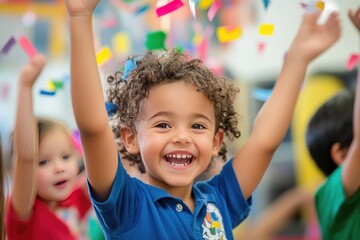 Joyful Young Boy Reaches for Confetti During Celebration