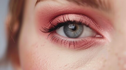 Obraz premium A close up of a woman's eye with pink eye shadow and long eyelashes.