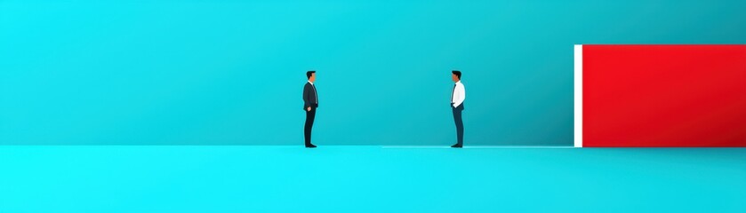 Two men stand facing each other in a minimalist setting, highlighting communication and interaction against a bold backdrop.