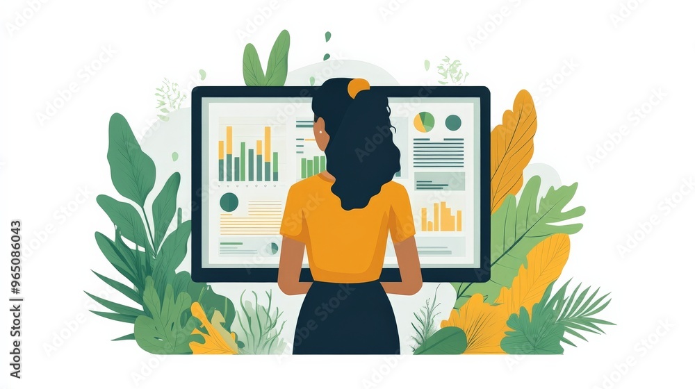 Poster data-driven growth: a young professional analyzes charts and graphs on a large screen, surrounded by