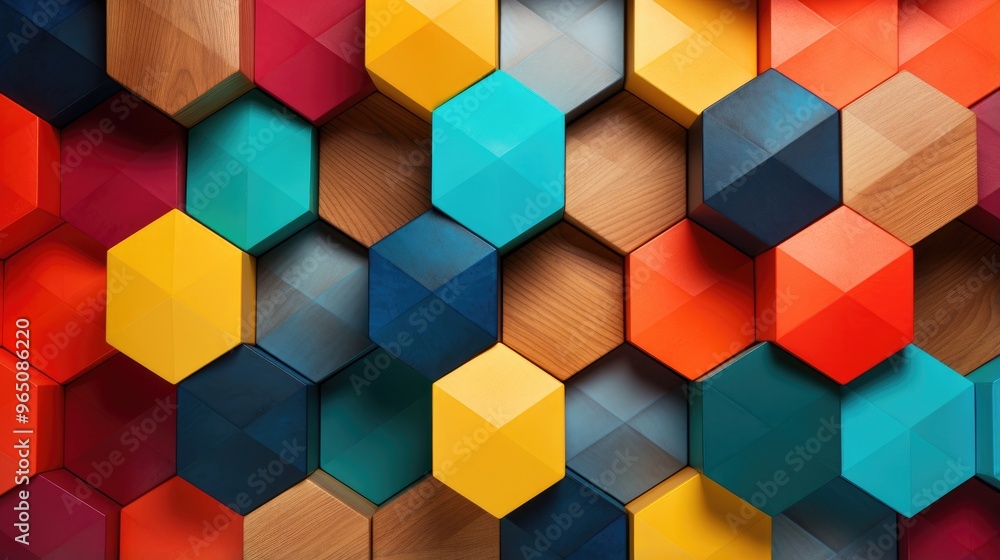 Poster a vibrant and abstract geometric pattern composed of colorful hexagons, creating a visually captivat