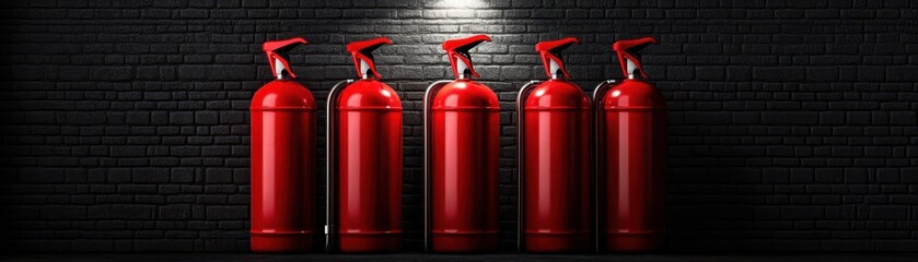 Obraz premium A row of red fire extinguishers displayed against a dark textured wall, symbolizing safety and emergency preparedness.