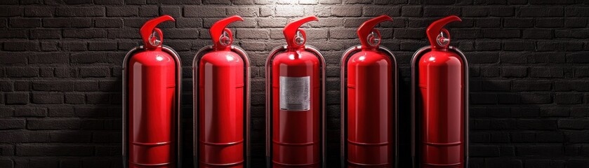 Obraz premium A row of red fire extinguishers against a dark brick wall, symbolizing safety and emergency preparedness in a modern environment.