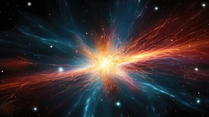 A vibrant cosmic explosion, with bright streaks of light and stars, creates a stunning visual spectacle against a dark background.