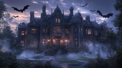 Obraz premium A Creepy, Gothic Mansion with Bats Flying Above at Dusk