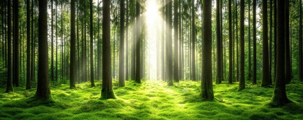 Fototapeta premium A serene forest scene with sunlight filtering through tall trees, creating a peaceful and harmonious natural atmosphere.