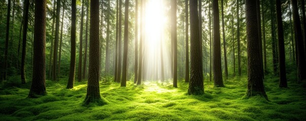 A serene forest scene with sunlight filtering through trees, illuminating vibrant green moss and creating a peaceful atmosphere.