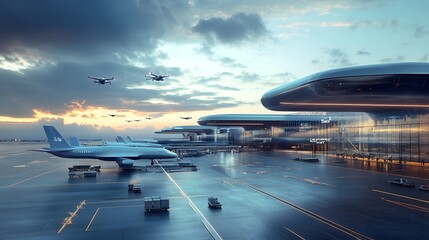 A futuristic airport with AI-powered baggage handling and drone-guided airplanes