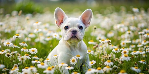 Sweet little white French Bulldog settles into a daisy-filled meadow, tiny paws wiggling in the soft grass as