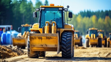 Obraz premium A yellow loader sits on a dirt road, ready to work. The loader's large tires and powerful engine are ready to tackle any job.