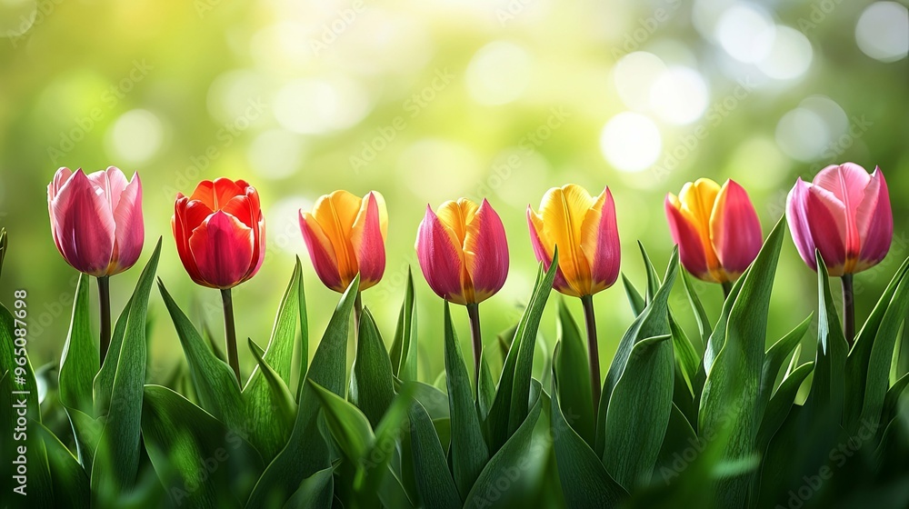 Wall mural Colorful Tulips Blooming in a Garden with Green Leaves