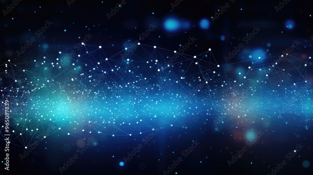 Poster abstract blue and white digital network background with glowing dots and lines.