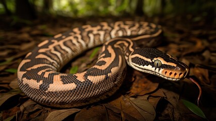 Obraz premium A stunning close-up of a beautiful snake resting on the forest floor, showcasing its intricate colors and patterns in a natural habitat.