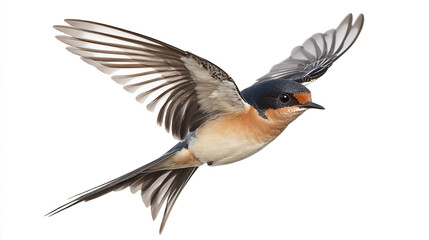 A Barn Swallow gracefully flying against a white background showcasing its distinctive plumage and wing structure