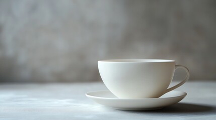Fototapeta premium A white teacup sits on a saucer on a table.