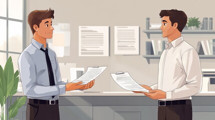 Business Deal: Two businessmen in a modern office setting, engaged in a lively discussion with documents in hand,  illustrating a professional partnership and collaborative business deal.