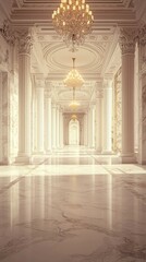 Obraz premium Elegant and Majestic Marble Hallway with Ornate Chandelier in Historic Palace or Manor