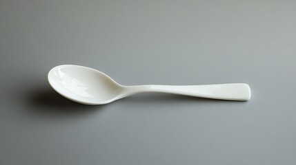 A white ceramic spoon on a grey background.